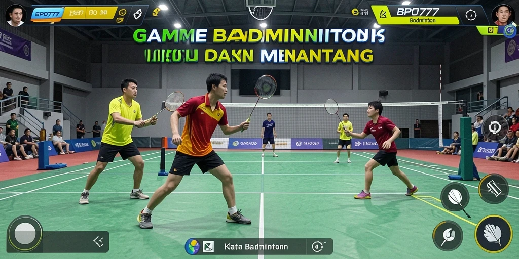 Tampilan antarmuka BPO777 dengan karakter bulu tangkis dalam aksi.