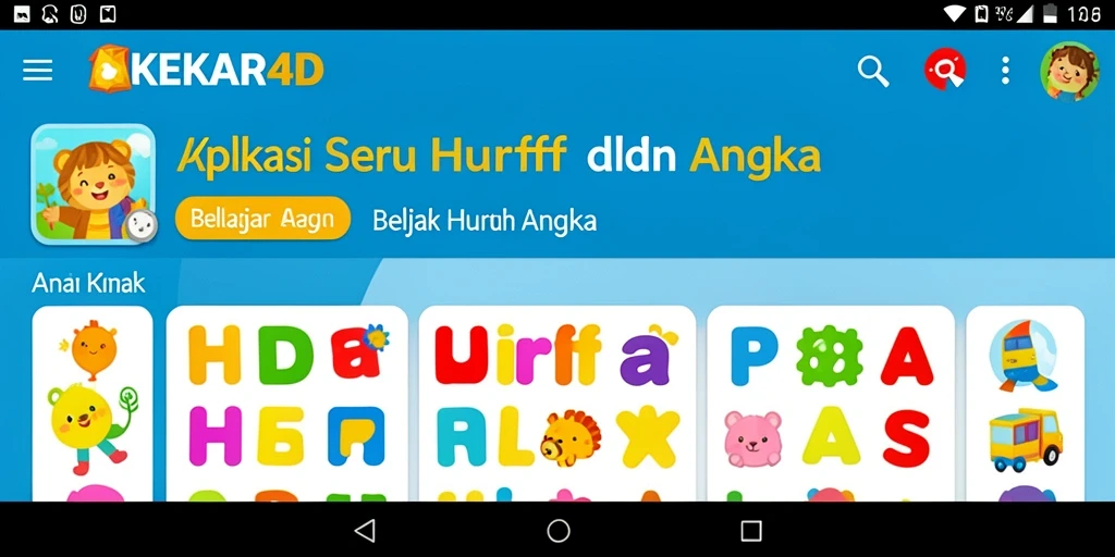 Tampilan antarmuka KEKAR4D yang menarik untuk belajar huruf dan angka.