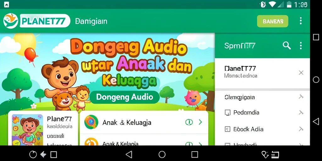 Tampilan antarmuka PLANET77 yang ramah anak dengan koleksi dongeng menarik.
